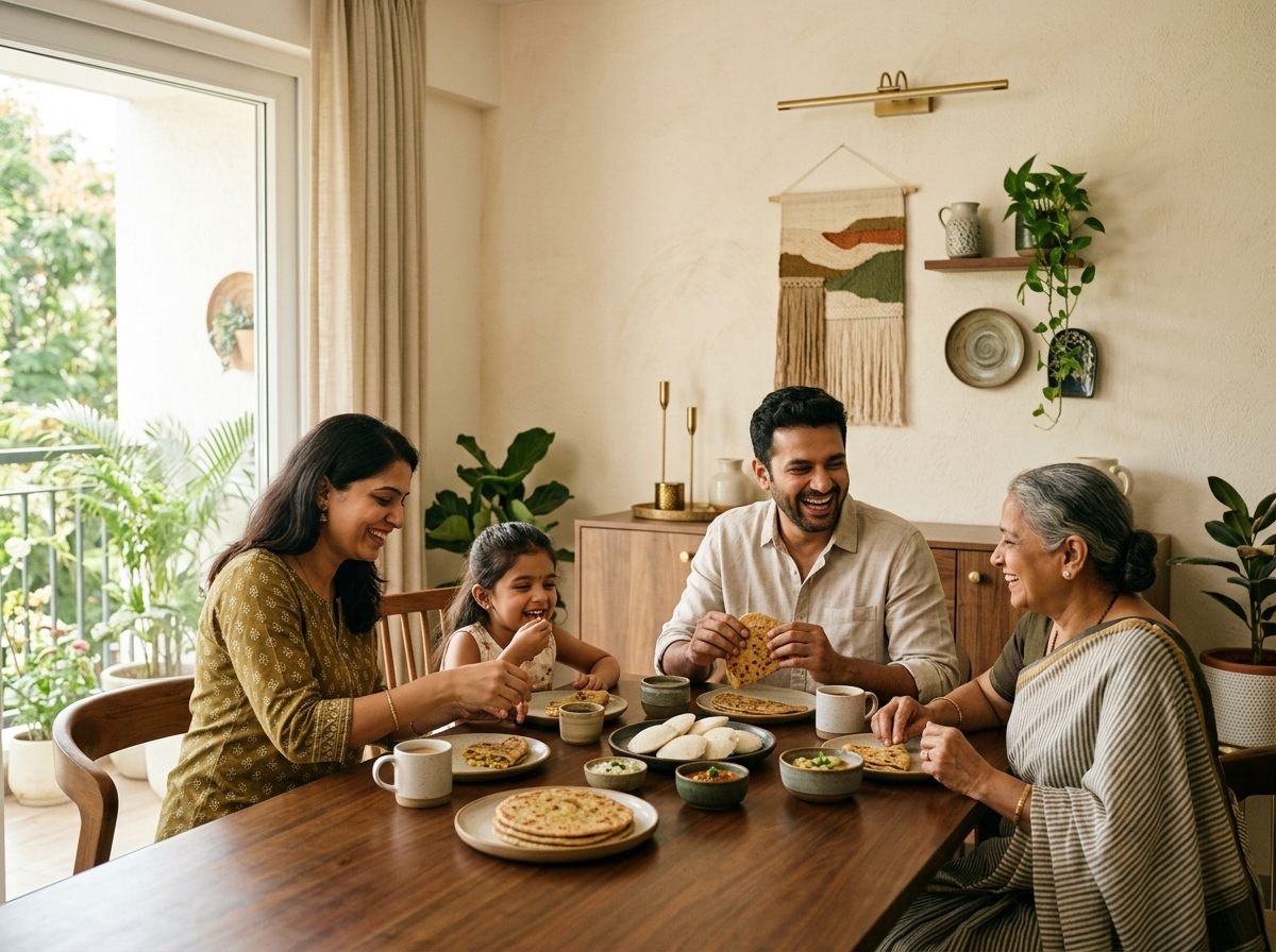 Indian family sharing a warm wholesome breakfast together at home with genuine smiles and morning sunlight