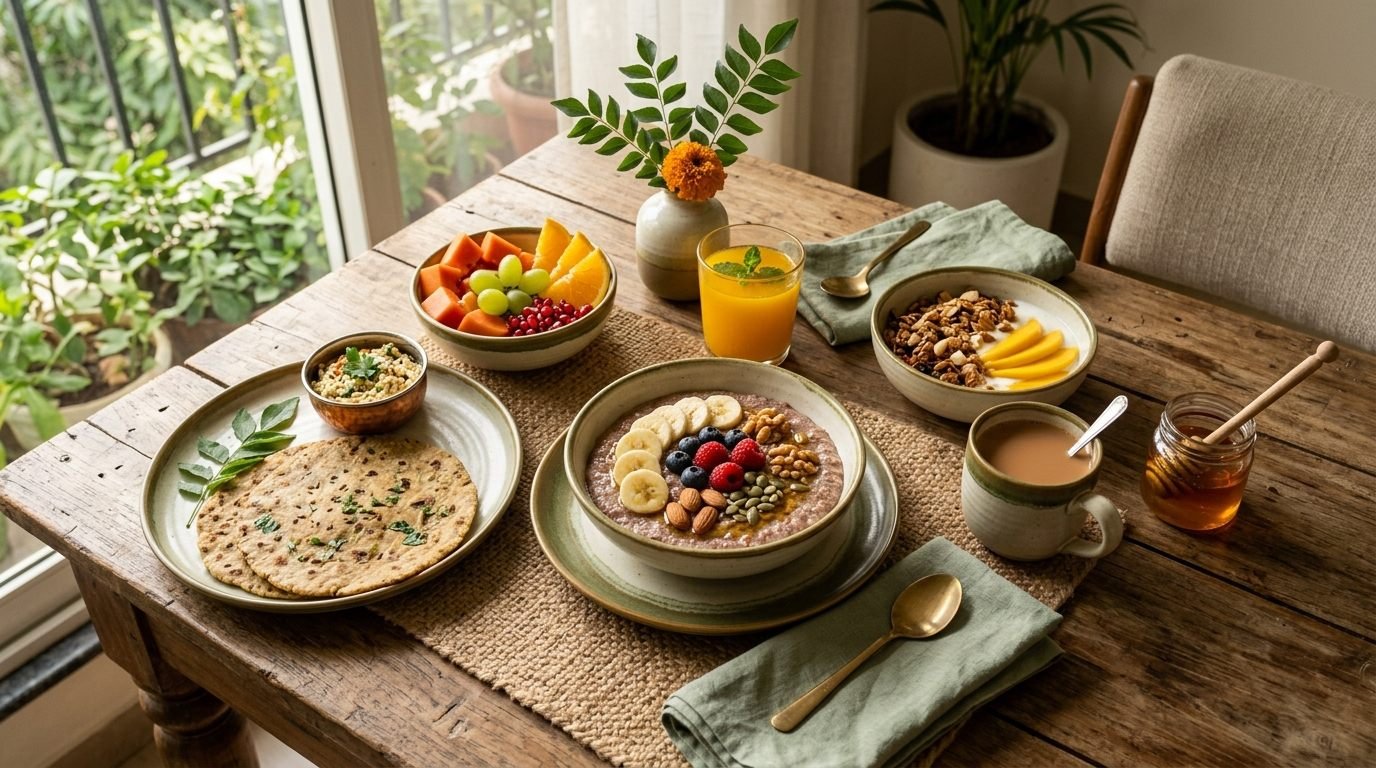 Wholesome breakfast table in a modern Indian home with morning sunlight